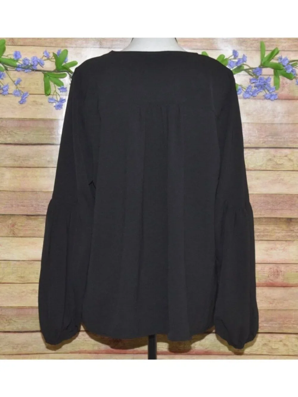 ee:some Ladies Black V-Neck Pullover Blouse Top Size L Balloon Sleeves Career